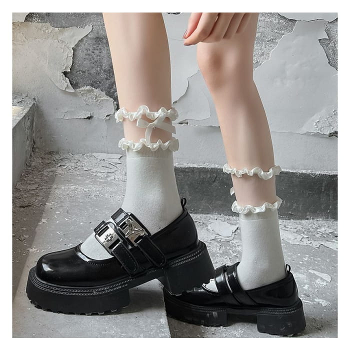 Bow Frill Panel Mesh Short Socks - Off-White / 35 To 40