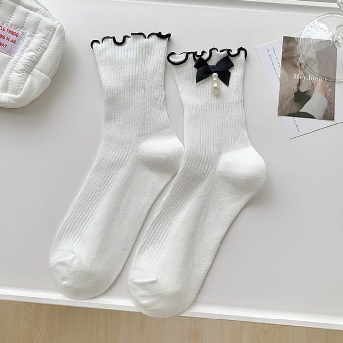 Bow Frill Short Socks - Faux Pearl Edition - Black Trim