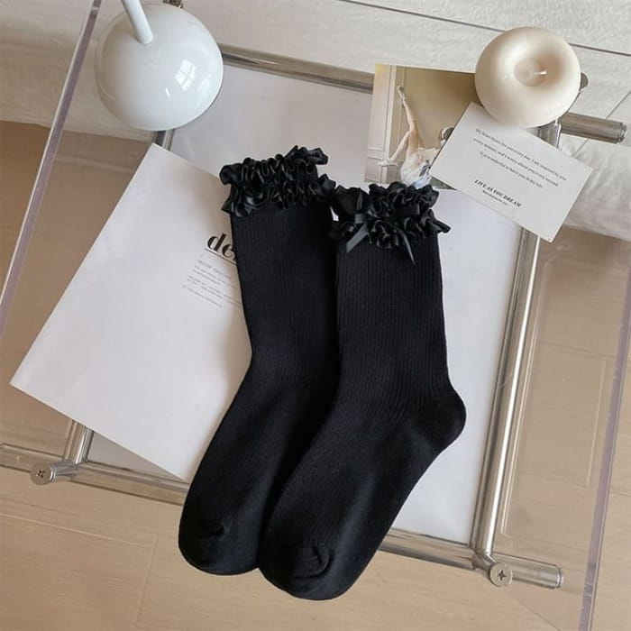 Bow Frill Trim Socks - Black / One Size