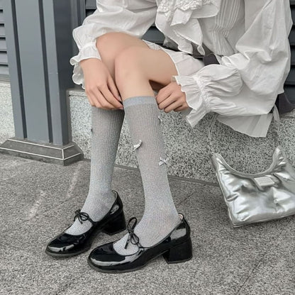 Bow Glitter Ribbed Knee High Socks