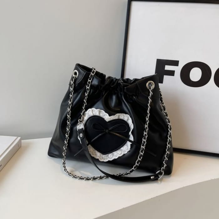 Bow Heart Chain Shoulder Bag - Black / One Size