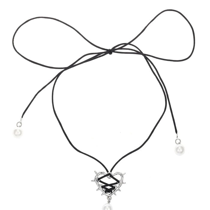 Bow Heart Pearl Necklace - Standart / Black