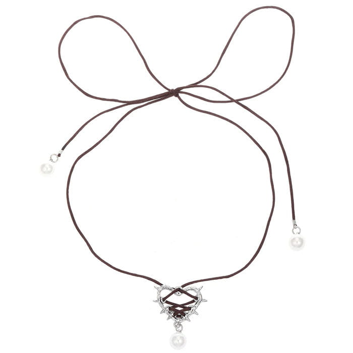 Bow Heart Pearl Necklace - Standart / Brown