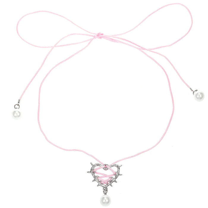 Bow Heart Pearl Necklace - Standart / Pink