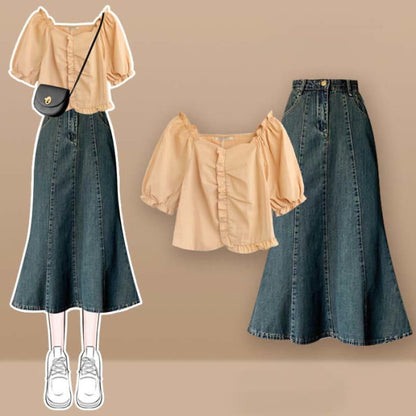 Bow Knot Butterfly Tulle Crop Top T-Shirt Fishtail Denim