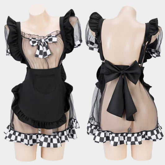 Bow Knot Plaid Maid Mesh Dress Lingerie - Black / One Size