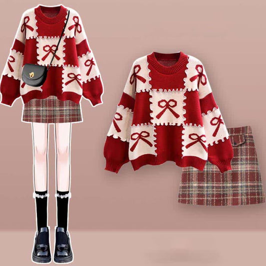 Bow Knot Print Sweater Plaid Pleated Skirt Set - A / M