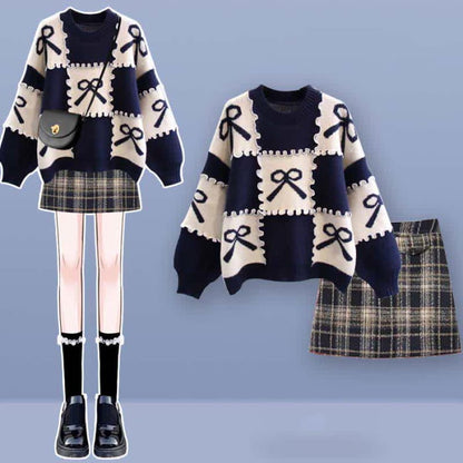 Bow Knot Print Sweater Plaid Pleated Skirt Set - B / M