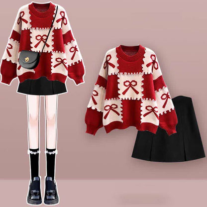 Bow Knot Print Sweater Plaid Pleated Skirt Set - D / M