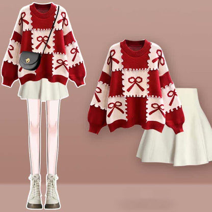 Bow Knot Print Sweater Plaid Pleated Skirt Set - E / M