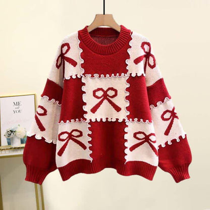 Bow Knot Print Sweater Plaid Pleated Skirt Set - Red / M