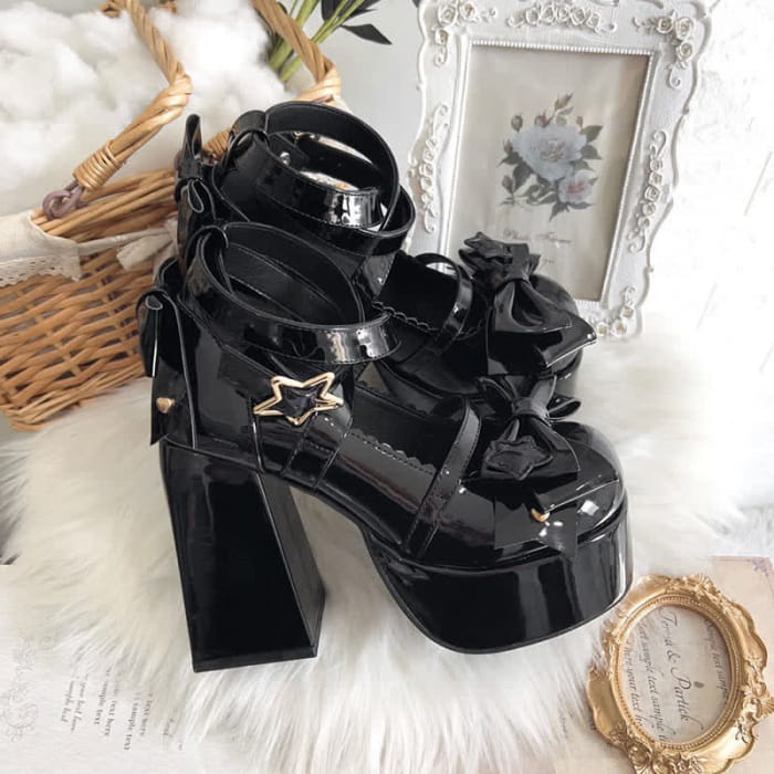 Bow Knot Star Buckle Lolita High-heeled Shoes - Black / 35