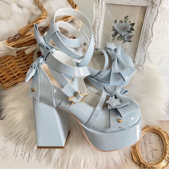 Bow Knot Star Buckle Lolita High-heeled Shoes - Blue / 35