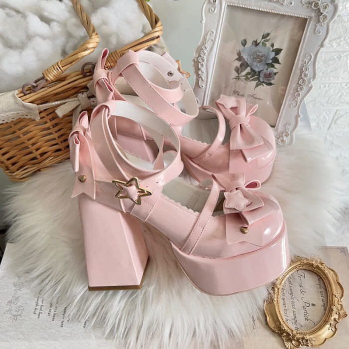 Bow Knot Star Buckle Lolita High-heeled Shoes - Pink / 35