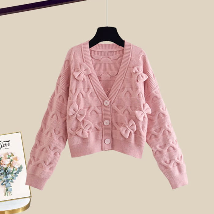 Bow Knot V-neck Cardigan Sweater Casual Pants - Pink / M