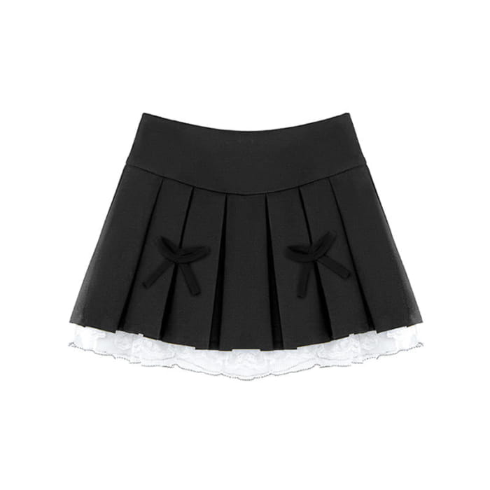 Bow Lace Slim High Waist Pleated Skirt - Black / S