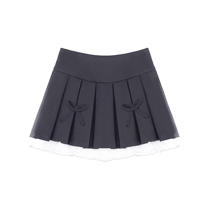 Bow Lace Slim High Waist Pleated Skirt - Grey / S