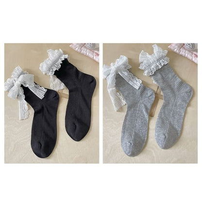 Bow Lace Socks / Set - Of 2 Pairs - Black & Gray / One Size