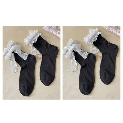 Bow Lace Socks / Set - Of 2 Pairs - Black / One Size