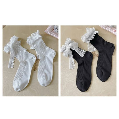 Bow Lace Socks / Set - Of 2 Pairs - White & Black / One Size