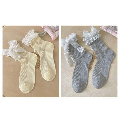 Bow Lace Socks / Set - Of 2 Pairs - Yellow & Gray / One Size