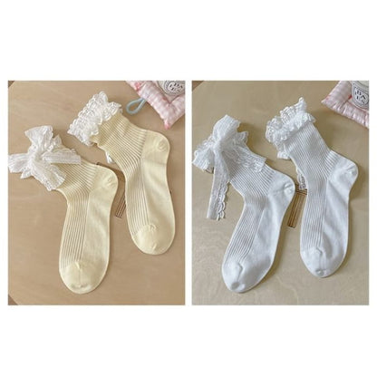 Bow Lace Socks / Set - Of 2 Pairs - Yellow & White