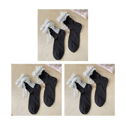 Bow Lace Socks / Set - Of 3 Pairs - Black / One Size