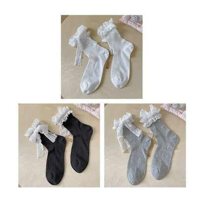 Bow Lace Socks / Set - Of 3 Pairs - Black & White Gray