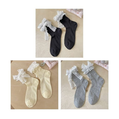 Bow Lace Socks / Set - Of 3 Pairs - Black & Yellow Gray