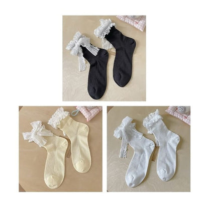 Bow Lace Socks / Set - Of 3 Pairs - Black & Yellow White