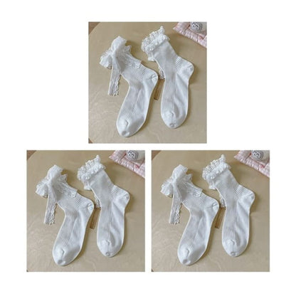 Bow Lace Socks / Set - Of 3 Pairs - White / One Size