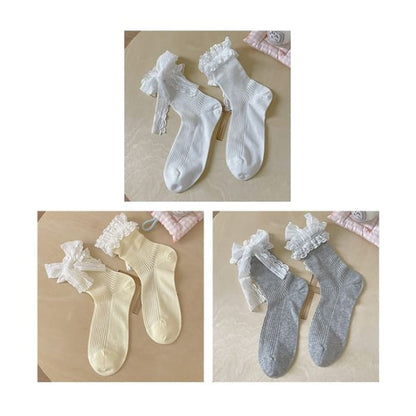 Bow Lace Socks / Set - Of 3 Pairs - White & Yellow Gray