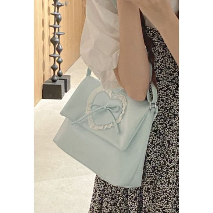 Bow Lace Trim Faux Leather Flap Crossbody Bag - Blue