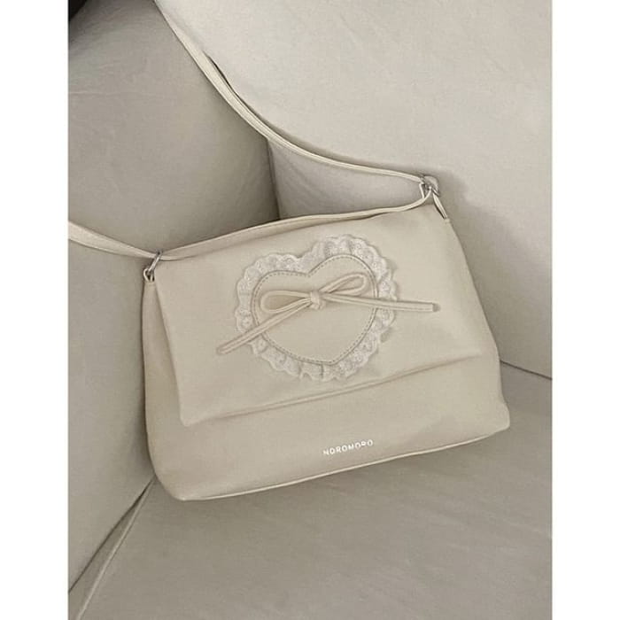 Bow Lace Trim Faux Leather Flap Crossbody Bag - White