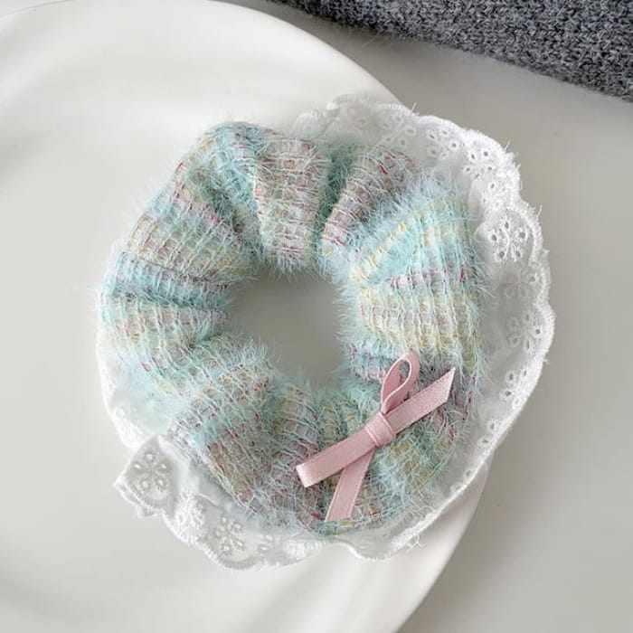 Bow Lace Trim Knit Scrunchie - Blue / One Size