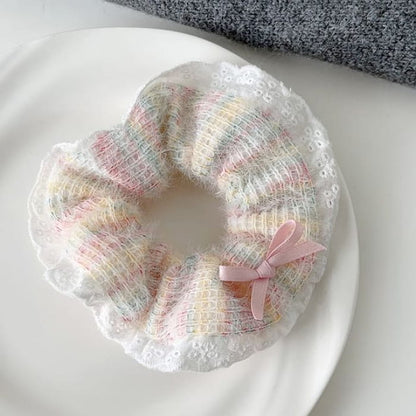 Bow Lace Trim Knit Scrunchie - Pink & Blue Yellow / One Size