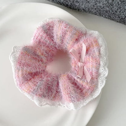 Bow Lace Trim Knit Scrunchie - Pink / One Size