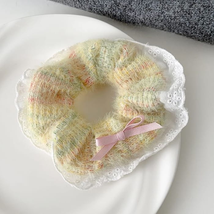 Bow Lace Trim Knit Scrunchie - Yellow / One Size