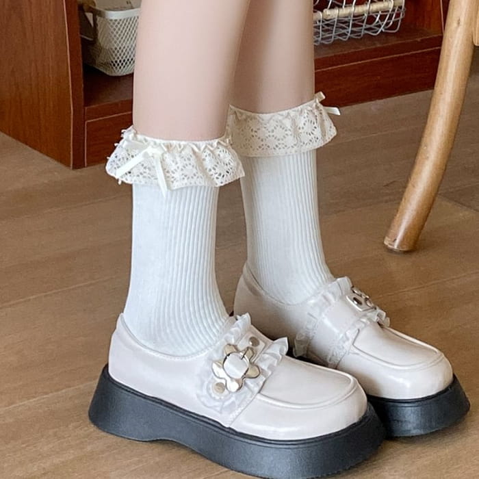 Bow Lace Trim Ribbed Socks / Set