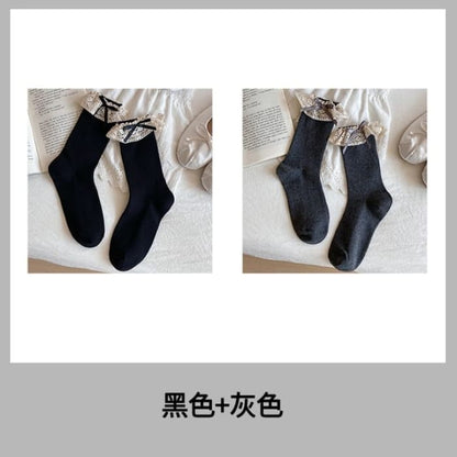 Bow Lace Trim Ribbed Socks / Set - Women - Of 2 Pairs