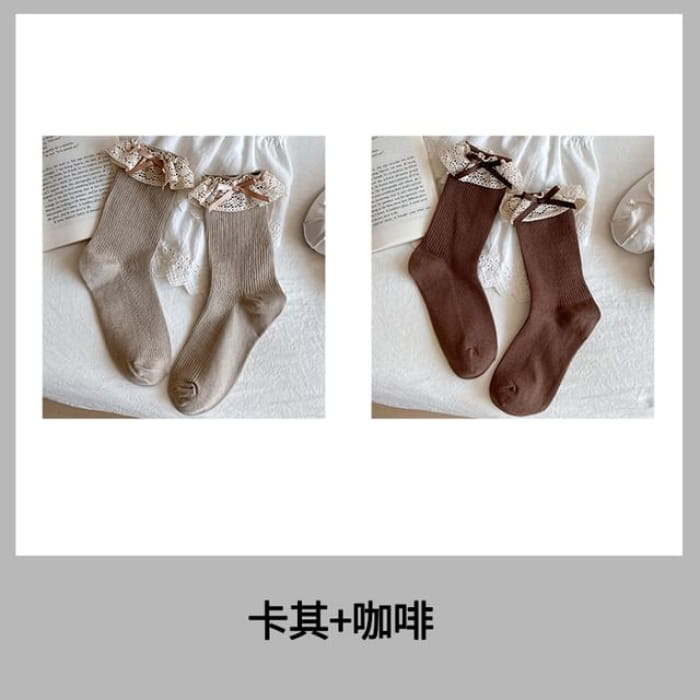 Bow Lace Trim Ribbed Socks / Set - Women - Of 2 Pairs