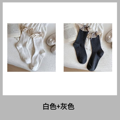 Bow Lace Trim Ribbed Socks / Set - Women - Of 2 Pairs