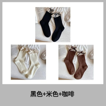 Bow Lace Trim Ribbed Socks / Set - Women - Of 3 Pairs