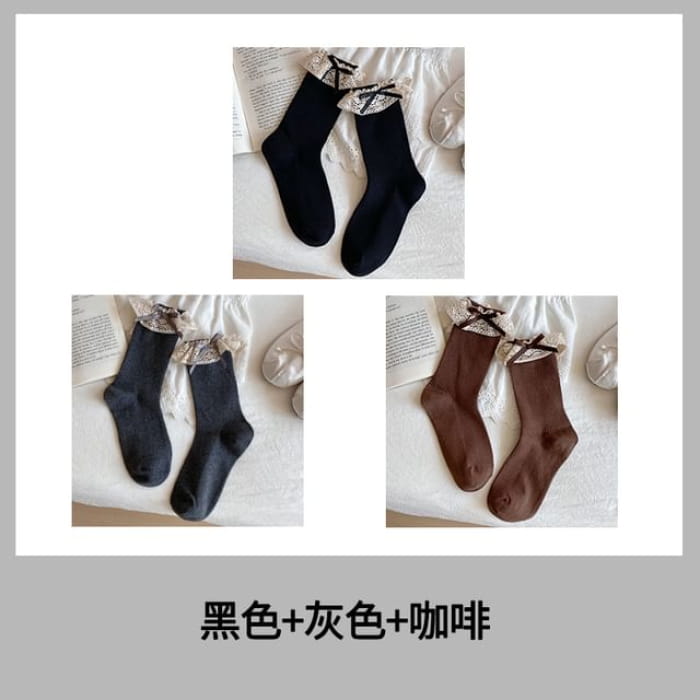 Bow Lace Trim Ribbed Socks / Set - Women - Of 3 Pairs