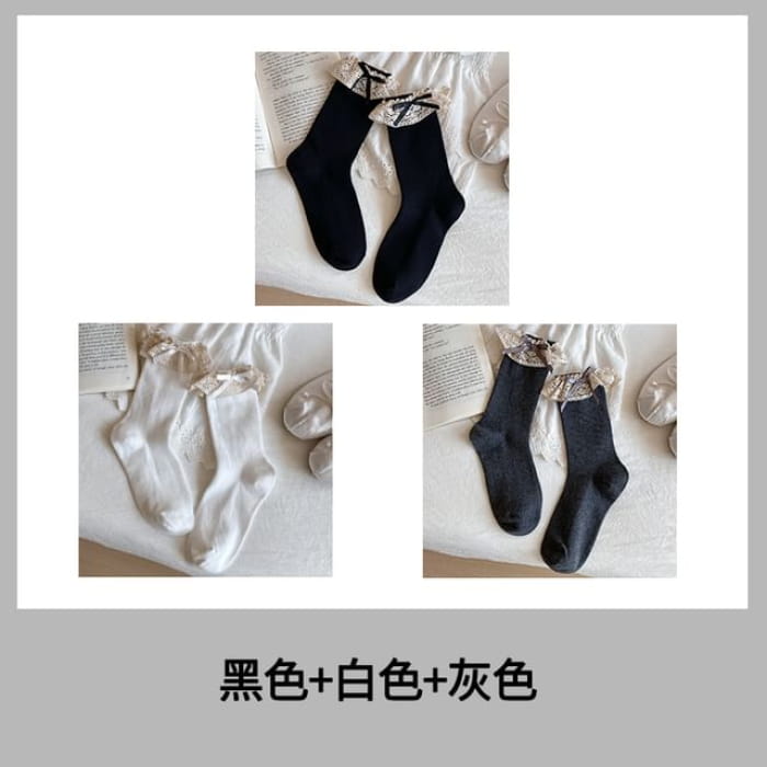 Bow Lace Trim Ribbed Socks / Set - Women - Of 3 Pairs