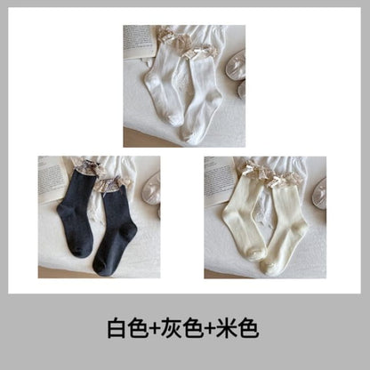 Bow Lace Trim Ribbed Socks / Set - Women - Of 3 Pairs