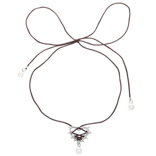 Bow Lace Up Heart Necklace - Standart / Brown