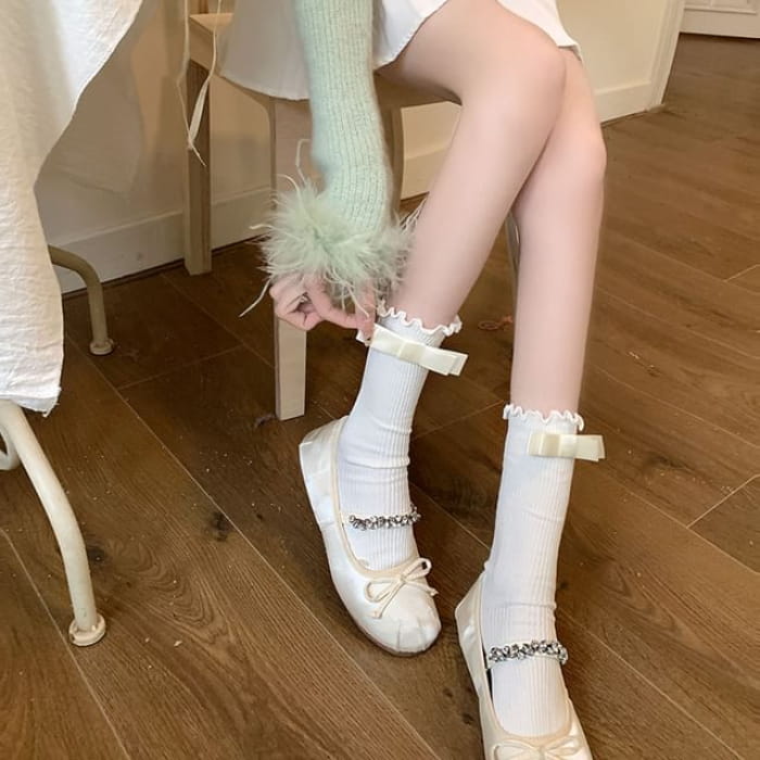 Bow Mid Calf Socks / Set - 1 Pair - Milky White - One Size