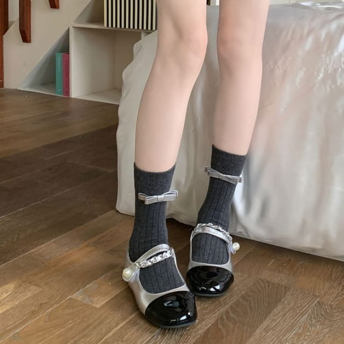 Bow Mid Calf Socks / Set - 1 Pair - Silver - Dark Gray