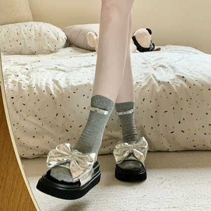 Bow Mid Calf Socks / Set - 1 Pair - Silver - Light Gray